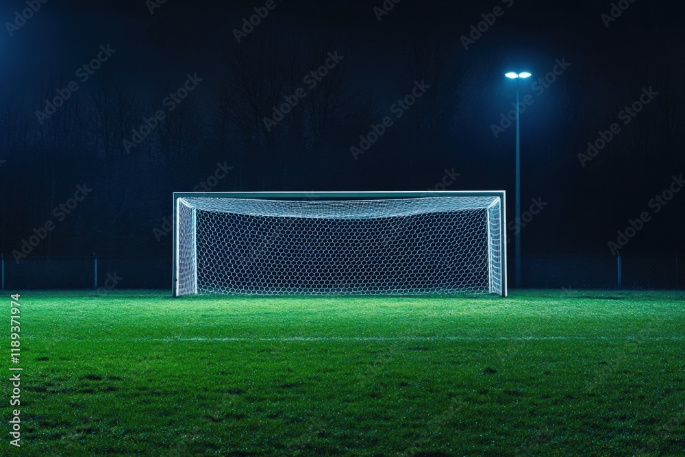 Fototapeta premium an empty soccer goal on a field at night