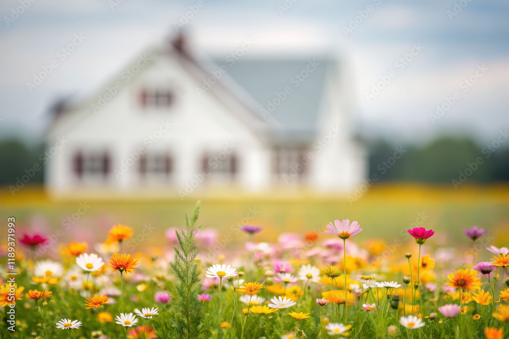 Obraz premium Vibrant wildflower meadow quaint farmhouse nature photography serene landscape close-up view outdoor beauty
