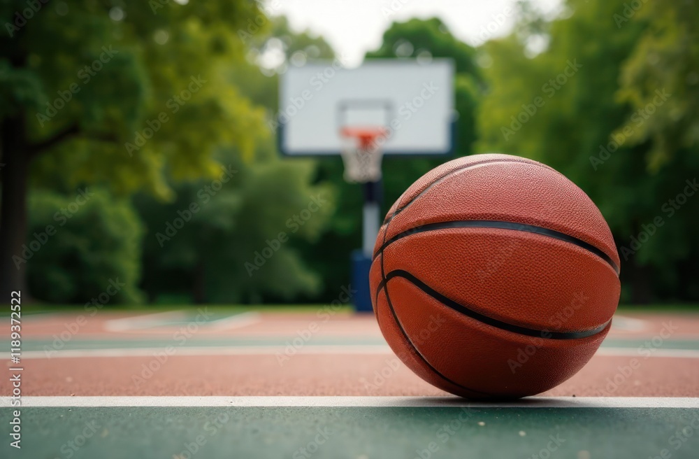 A close-up view of a basketball on a court, with a basketball hoop in the background. The scene is set outdoors, surrounded by trees, creating a serene atmosphere A close-up view of a basketball on a court, with a basketball hoop in the background. The scene is set outdoors, surrounded by trees, creating a serene atmosphere