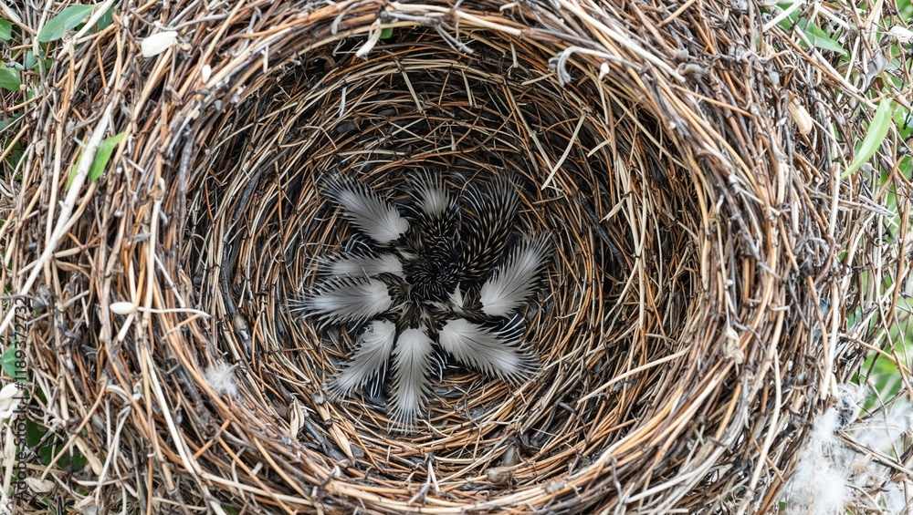 Detailed bird nest made of twigs grasses and feathers showcasing natures intricate craftsmanship Detailed bird nest made of twigs grasses and feathers showcasing natures intricate craftsmanship