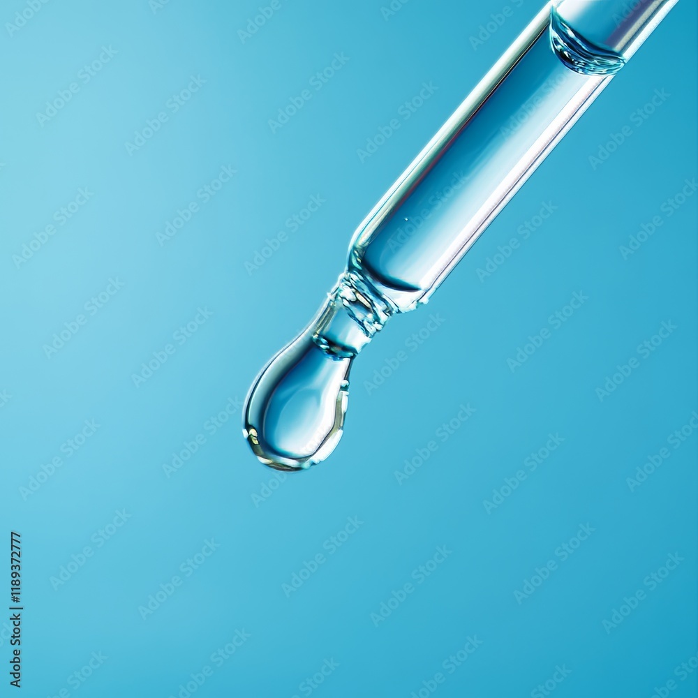 Glass pipette with blue liquid on blue background. Vector illustration. Glass pipette with blue liquid on blue background. Vector illustration.