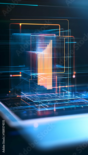 Abstract digital data structure visualization on a futuristic device; glowing lines and shapes represent complex information processing; dark background suggests advanced technology photo