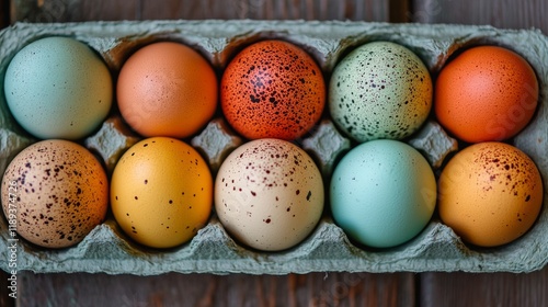 Vibrant collection of decorated eggs in a carton ready for celebration or dec...