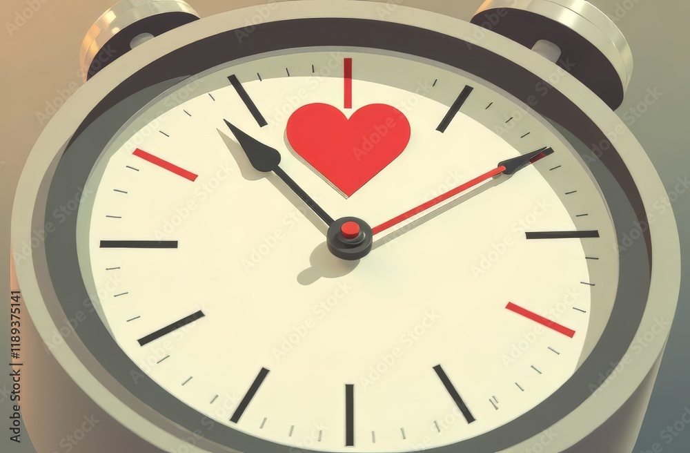 A clock in the form of an alarm clock, the upper division is a large volumetric heart to which the clock hands go on a light background. The concept of time, love, time to love. A clock in the form of an alarm clock, the upper division is a large volumetric heart to which the clock hands go on a light background. The concept of time, love, time to love.