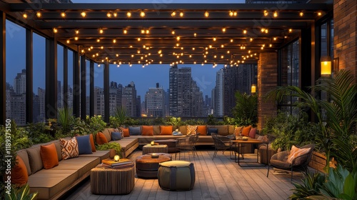 Stylish rooftop bar with city skyline at sunset in an urban setting