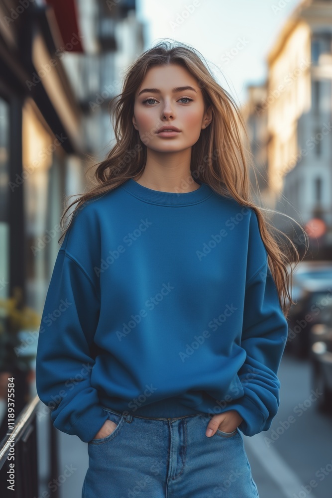 Fototapeta premium A young woman with long hair wearing a blue color sweatshirt mockup and denim jeans, standing on a city street. The background features blurred buildings and a warm sunset glow.