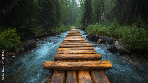 Wooden bridge crossing a clear stream in a tranquil forest setting during ear...
