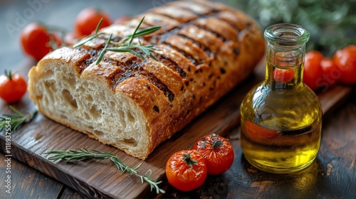 Freshly baked bread surrounded by tomatoes and olive oil on wooden board