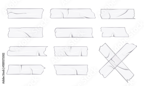 Transparent duct tape pieces on white background. Crumpled adhesive plastic tape for photo and paper package wrap. 3d realistic wrinkled scotch patches, sticky paper strips vector
