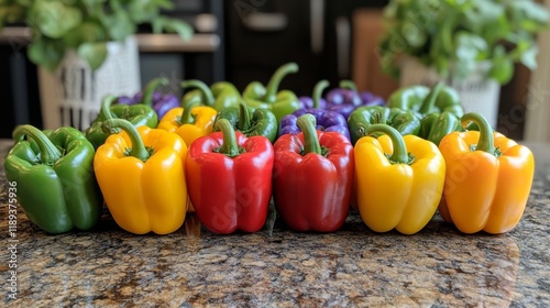 Freshly harvested green bell peppers arranged neatly on a kitchen counter