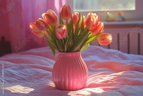 Bright pink tulips in a vase on a soft bedspread in a cozy room with warm sun...