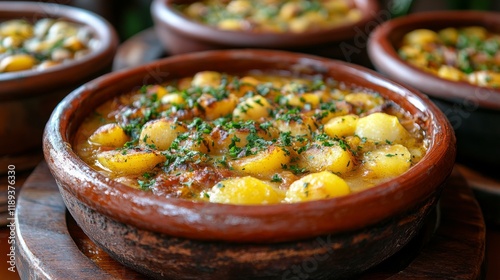 Savory vegetable stew in a traditional clay pot served on a rustic wooden table