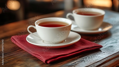 Warm tea served in elegant cups on a rustic wooden table with a cozy atmosphere