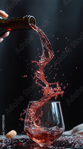 Pouring red wine into a glass with splashes creating dynamic motion on a dark...
