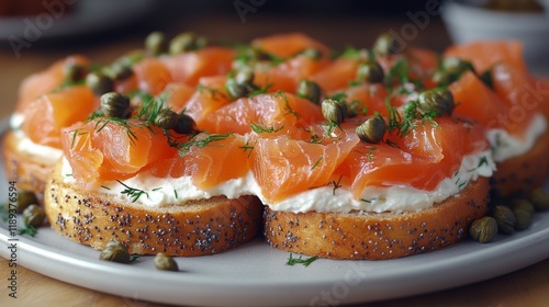 Delicious smoked salmon on a flavorful cream cheese spread with capers and dill