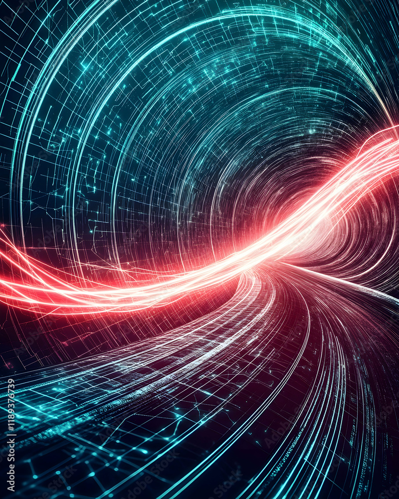 Abstract digital tunnel, data flow, futuristic technology, glowing red path, background circuit board. Use technology, science, innovation Abstract digital tunnel, data flow, futuristic technology, glowing red path, background circuit board. Use technology, science, innovation