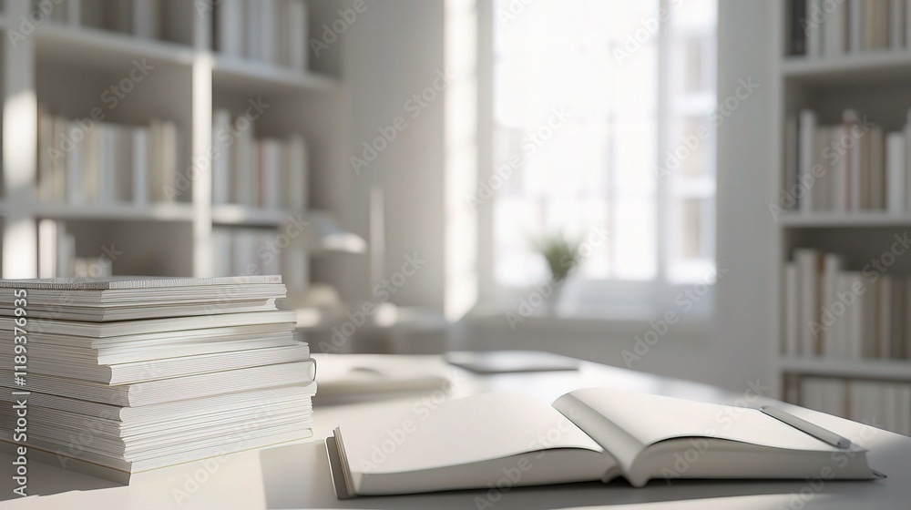 Bright White Table with Scattered Books and Stationery on Surface Bright White Table with Scattered Books and Stationery on Surface