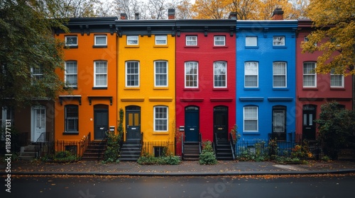 Colorful row houses line a street in a charming urban neighborhood during autumn