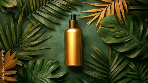 Golden lotion bottle surrounded by lush green leaves in a tropical setting
