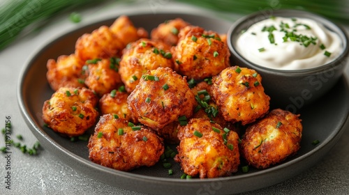 Crispy cheese balls served with creamy dip garnished with fresh herbs on a ru...
