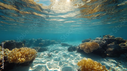 Underwater view of coral reef thriving with sunlight filtering through clear ...
