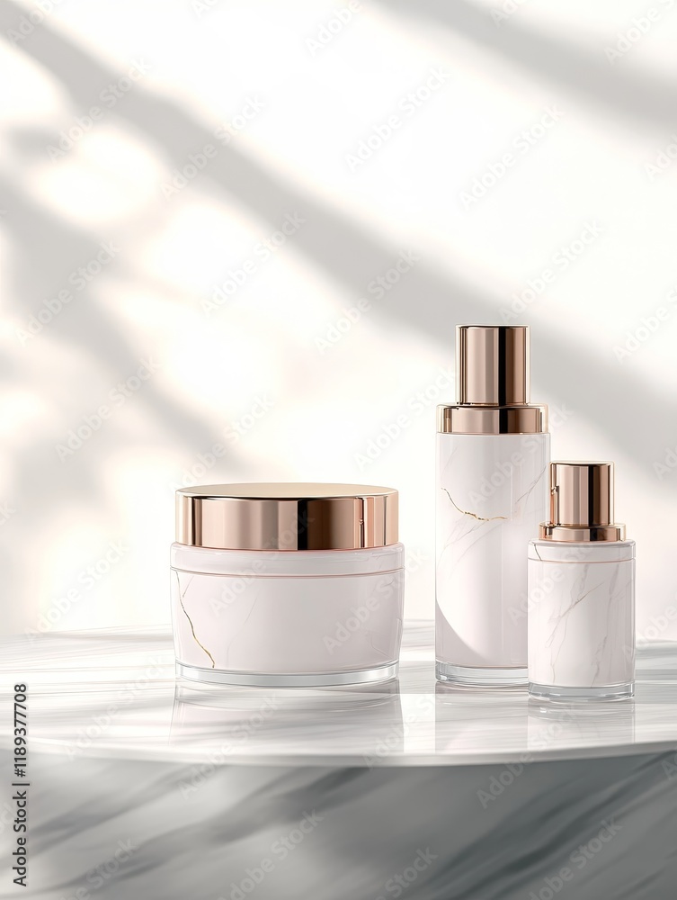 Three elegant skincare containers on a marble surface with soft shadows. Three elegant skincare containers on a marble surface with soft shadows.