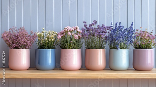 Colorful flower pots filled with blooming plants against a blue wall