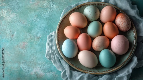 Colorful eggs arranged in a decorative bowl on soft fabric creating a vibrant...