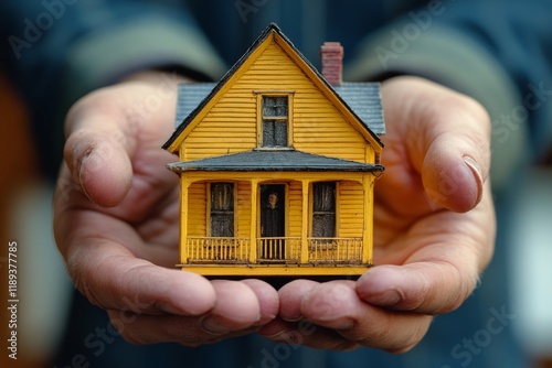 Miniature yellow house held in hands with intricate details and tiny trees
