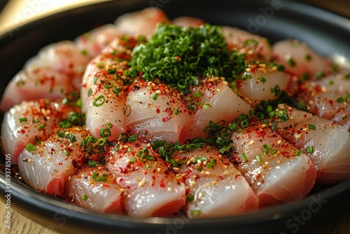 Fresh diced fish seasoned with herbs and spices served on a black plate