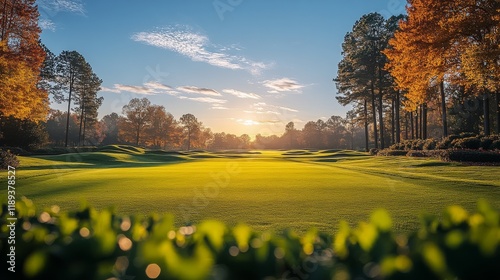 Golf clubs arranged in a row as sunlight filters through trees during a seren...