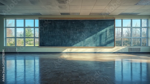 Empty classroom with large screen and wooden benches during daylight hours