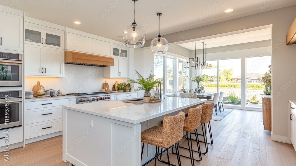 © NOVI - Modern Farmhouse Kitchen: Bright White Design with Island and Glass Pendants © NOVI - Modern Farmhouse Kitchen: Bright White Design with Island and Glass Pendants