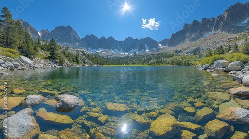 Mountain lake reflecting sun and clear skies with rocky shoreline and lush gr...