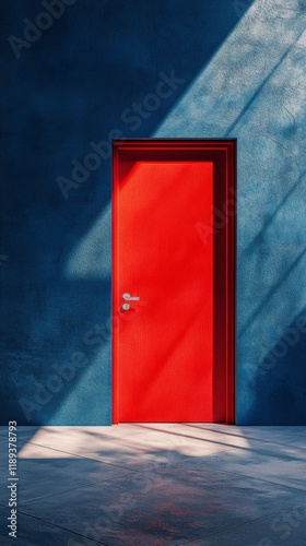 Bright red door enhances modern interior design with floral decor and stylish...