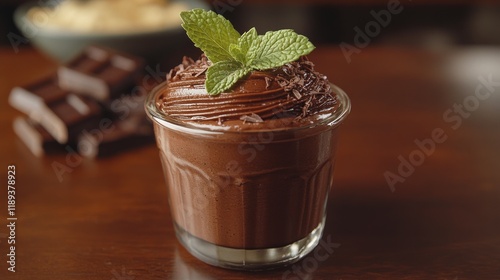 Velvety chocolate mousse topped with mint leaves served in a glass jar on a w...