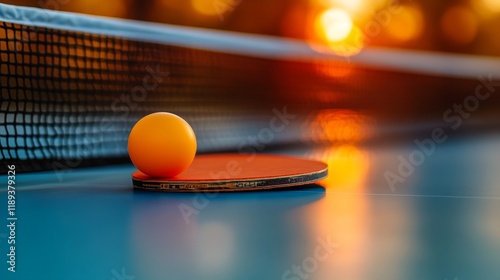 Table tennis ball and paddle resting on a blue table near the net during sunset