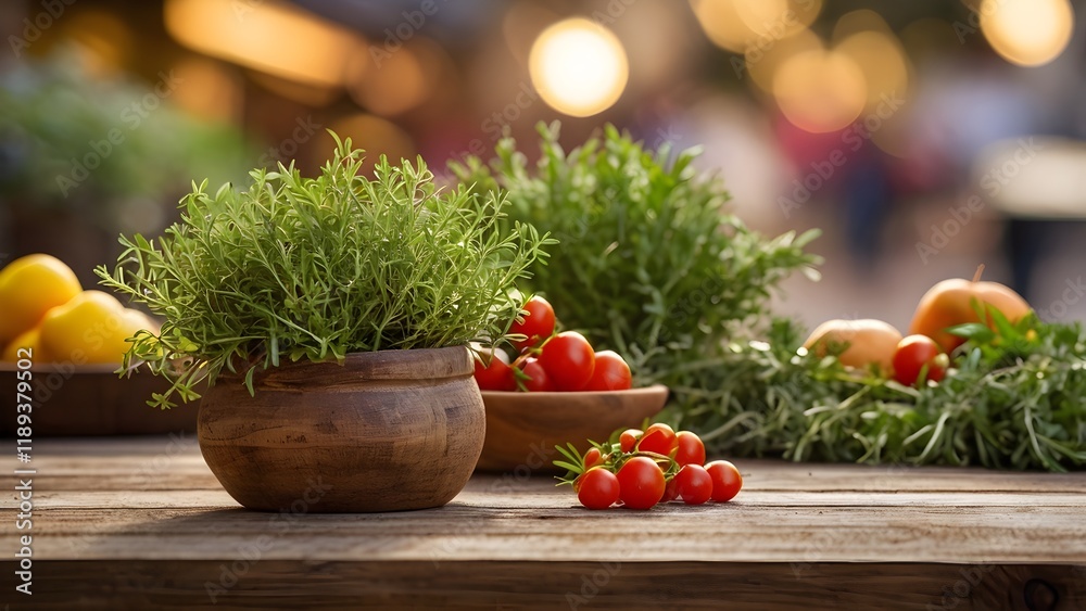 Rustic table surface with freshly picked herbs. Vibrant farmer's market bokeh background Rustic table surface with freshly picked herbs. Vibrant farmer's market bokeh background