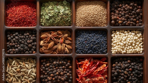 Colorful arrangement of spices and ingredients in glass jars on wooden surface