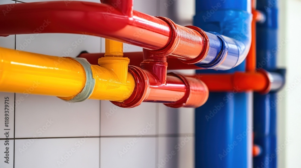 Colorful pipes in a modern setting, showcasing plumbing infrastructure.