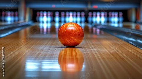 Red bowling ball rolling down wooden lane in a bowling alley at night photo