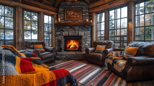 Cozy winter retreat features a warm fireplace and comfortable seating in a mo...