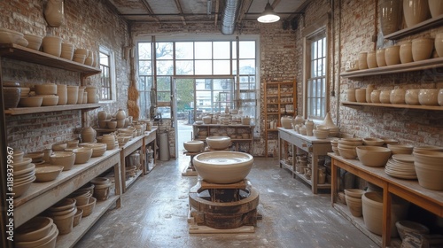 Exploring a pottery workshop filled with handcrafted bowls and plates in a br...