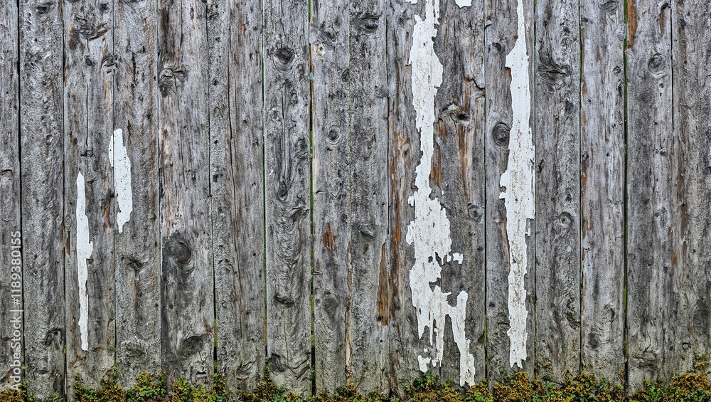 Fototapeta premium Weathered wooden fence with peeling paint splintered texture and patches of moss