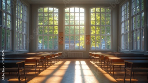 Sunlight streaming through large windows in a spacious classroom setup for le...