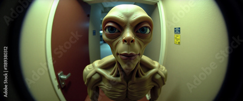 Generated image. A hidden camera shot. An alien at the front door.