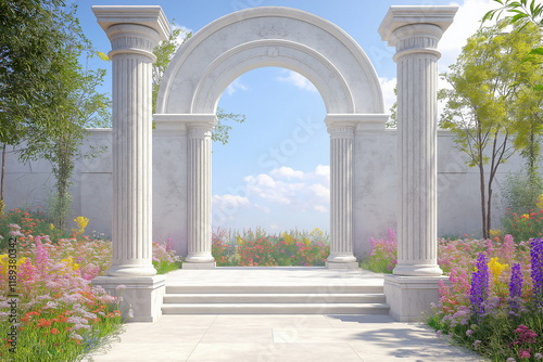 Serene garden archway tranquil outdoor setting nature photography vibrant floral landscape bright daytime symbol of renewal