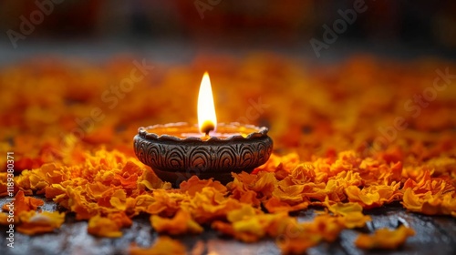 Beautiful diya lit among vibrant orange flower petals for festival celebration