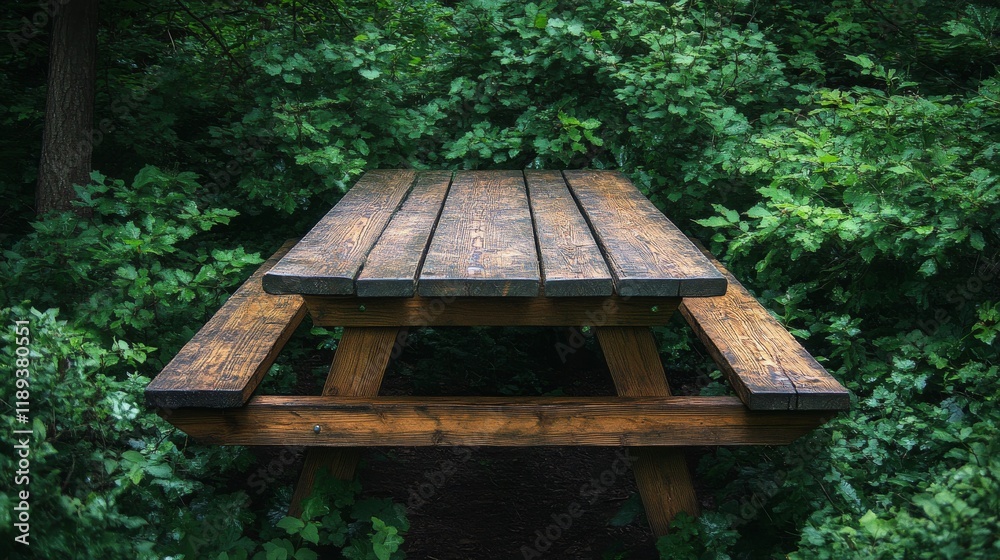 Wooden picnic table surrounded by lush greenery in a tranquil park setting Wooden picnic table surrounded by lush greenery in a tranquil park setting