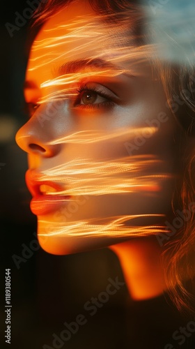 Close-up of a woman with artistic light streaks across her face, creating an ...